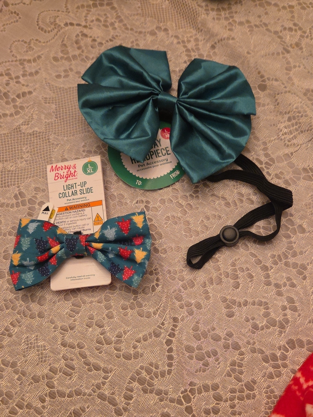 Teal Bow Collar Slide And Headpiece For Pets